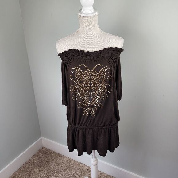 AVENUE WOMEN'S PLUS SIZE TUNIC SIZE 18/20 BROWN WITH GOLD DETAIL - Picture 3 of 7